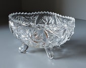 Anna Hutte Candy Dish, Vintage German Glass, Lead Crystal, Sawtooth Rim, Floral Pattern, Scrolled Feet, West Germany Pre 1990s - 13cm Wide