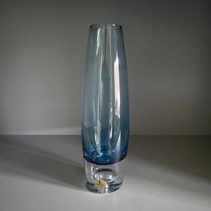 Swedish art glass vase, curved cylindrical shape, blue glass stem vase, controlled bubble in clear base, retro decor, c1970s-80s - 22cm tall