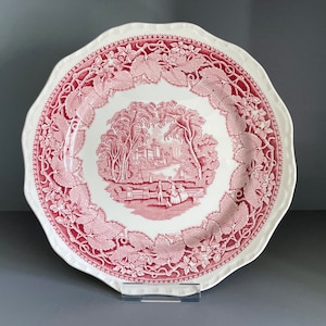 Mason's Ironstone Vista dinner plate, pink transfer print pattern, wavy textured oak leaf rim, c1970s-1980s - 10.75"
