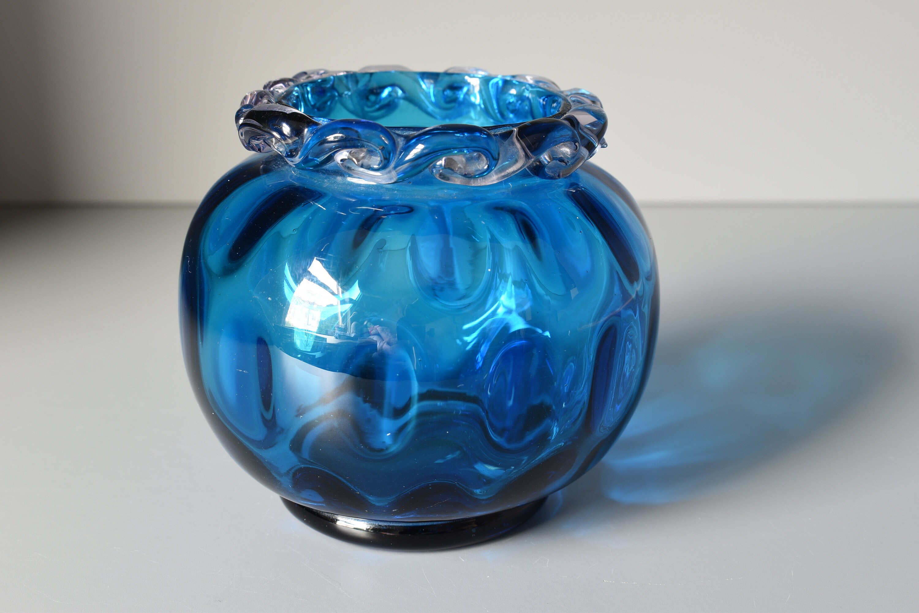 Blue Art Glass Optic Posy Vase Applied Clear Wavy Rim Hand Etsy