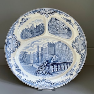 Johnson Bros grill plate, Old Castle Series Haddon Hall divided plate, blue & white transfer ware - 11&quot;