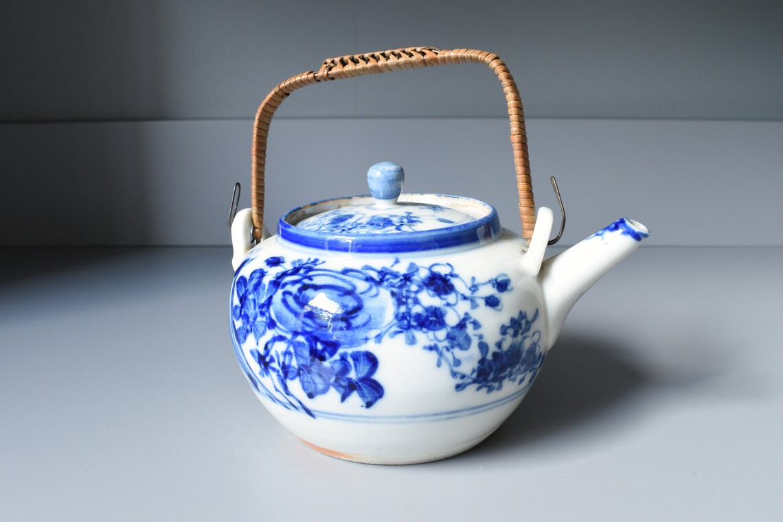 Vintage Japanese Blue & White Porcelain Teapot Hand Painted Etsy