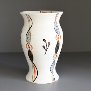 Brentleigh Ware vase, small white vase with hand-painted abstract pattern, hourglass shape pottery vase, c1950s - 14cm