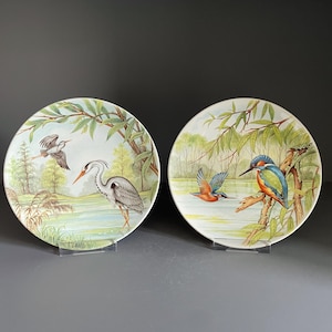 May include: Two round ceramic plates featuring detailed nature illustrations. The left plate depicts a grey heron standing in water with a flying bird above. The right plate shows a colorful kingfisher perched on a branch with another in flight.