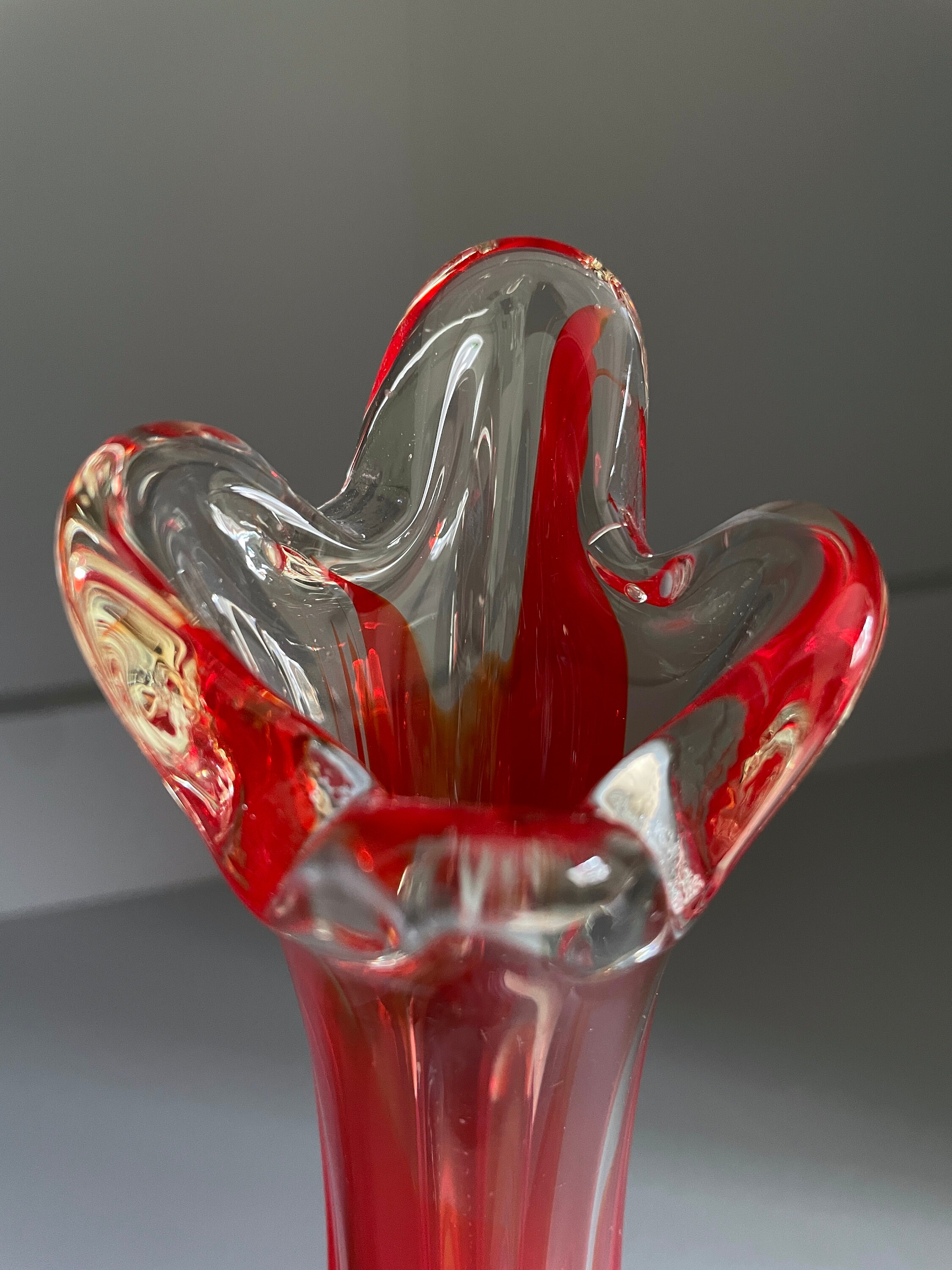 Tall Japanese Glass Vase, Red & Orange Sommerso Swung Vase With Wavy