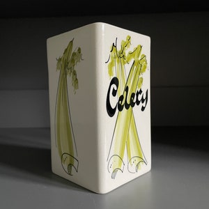 Toni Raymond Pottery Celery kitchen container, square ceramic jar storage pot, mid-century kitchenalia, hand painted c1960s-70s - 14cm high