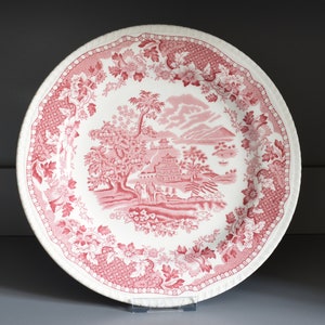 Wood & Sons Seaforth 10” Dinner plate, pink transfer ware dining plate, chinoiserie style