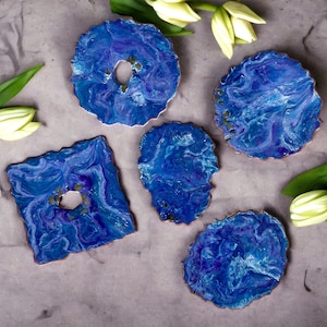 Purple and Blue Epoxy Resin Coaster set, 5 handmade reversible geode design coasters set, Housewarming Gift, Coasters geode set, drinkware