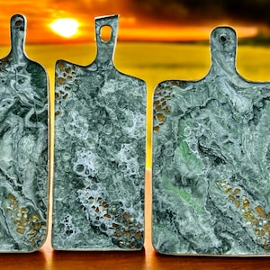 Green epoxy resin cheese board geode design, handmade charcuterie display, 3 sizes
