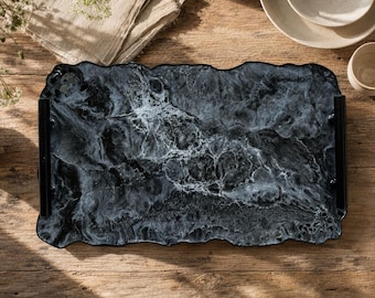 Black epoxy resin tray, handmade geode design, decorative tray, vanity tray, housewarming gift, geode functional art