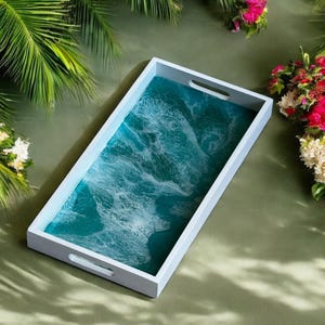 Ocean colors Wood & Epoxy Resin Tray, handmade geode design, 3 sizes, Housewarming gift, Functional art, TV tray, host gift