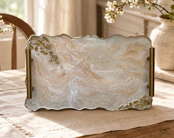Cream epoxy resin Tray, decorative tray, epoxy serving tray, epoxy art, wedding gift, housewarming gift, geode art, vanity tray.
