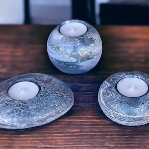 Teal and Silver Epoxy Resin Candle Holders, handmade Geode Design, 3 shapes, housewarming gift, candle accessories, Home Decor