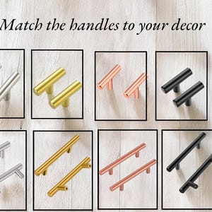May include: A set of 10 cabinet handles in three finishes: silver, gold, and black. The handles are all rectangular in shape with a slight curve at the top.  Match the handles to your decor.