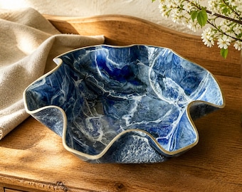 Large Blue Epoxy epoxy Resin Geode design Bowl, Handmade Decorative Serving Bowl, 18"