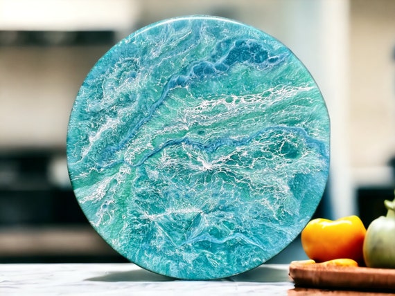 Ocean Turquoise and Green Geode Lazy Susan, Hand Poured Food Safe Epoxy  Resin on Bamboo, Geode Art, Geode Epoxy Resin, Housewarming Gift. 