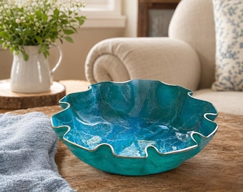 Large Ocean colors Epoxy epoxy Resin Geode design Bowl, Handmade Decorative Serving Bowl, 18"