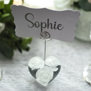 Witte plaatskaarthouders set 3D-rozen - bruiloft, bruids en babyshower Foto- en naamkaarthouder Keepsake