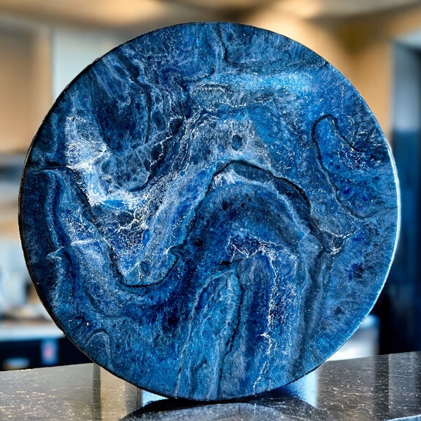 Blue Lazy Susan, Hand poured food safe Epoxy Resin on Bamboo, Geode Art, Geode Epoxy Resin, Housewarming Gift, Functional Art.