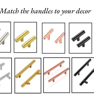 May include: An image showcasing various cabinet handle designs in silver, gold, copper, and black. The handles are displayed in pairs and sets, with both bar and knob styles. Text at the top reads "Match the handles to your decor."