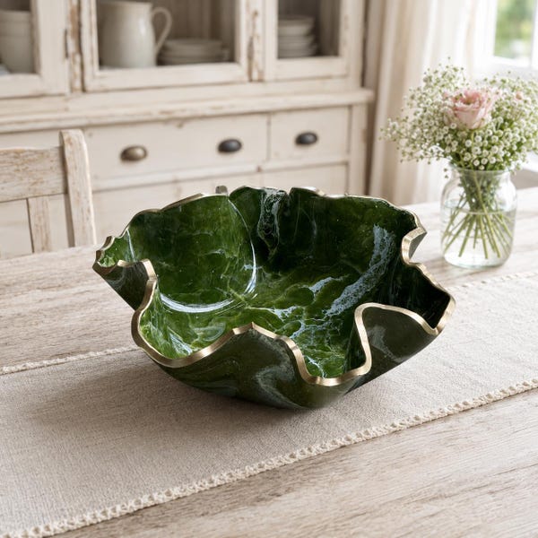Bol moyen en résine époxy vert olive Geode, bol décoratif fait main