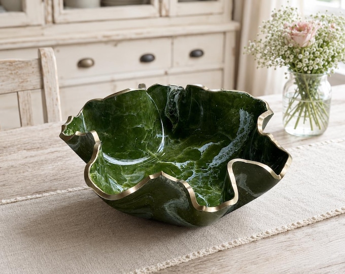 Medium Olive Green epoxy resin Geode design Bowl, handmade Decorative Bowl