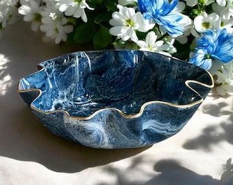Large Blue Epoxy epoxy Resin Geode design Bowl, Handmade Decorative Serving Bowl, 18"