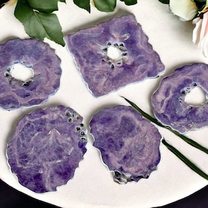 Purple Epoxy Resin Coaster set, 5 handmade reversible geode design coasters set, Housewarming Gift, Coasters geode set, drinkware