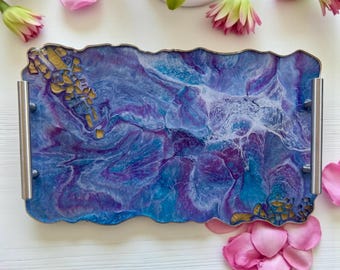 Purple and Blue epoxy resin tray, handmade geode design, decorative tray, vanity tray, housewarming gift, geode functional art
