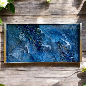 Blue Large Charcuterie tray, 18x9 handmade geode design epoxy resin serving tray, housewarming gift, host gift, functional art