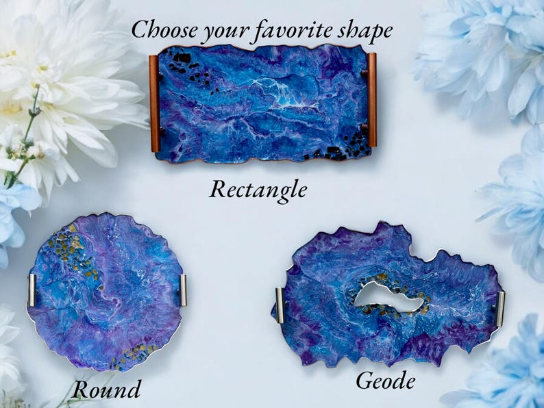 May include: Three decorative trays in different shapes: rectangle, round, and geode. Each tray features a blue and purple marbled design with metallic accents. The rectangle tray has wooden sides. The image includes the text "Choose your favorite shape".