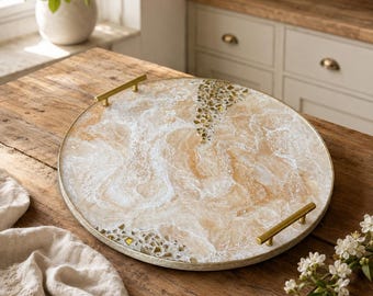 20 inch Cream Ottoman Tray epoxy Resin, handmade geode design, Art Decorative Serving Tray, Wedding & Housewarming Gift, functional art