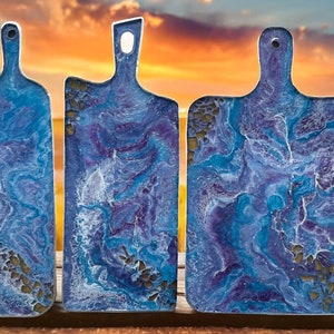 Paars en blauw geode kaasplankje epoxyhars, handgemaakte vleeswarendisplay, 3 maten