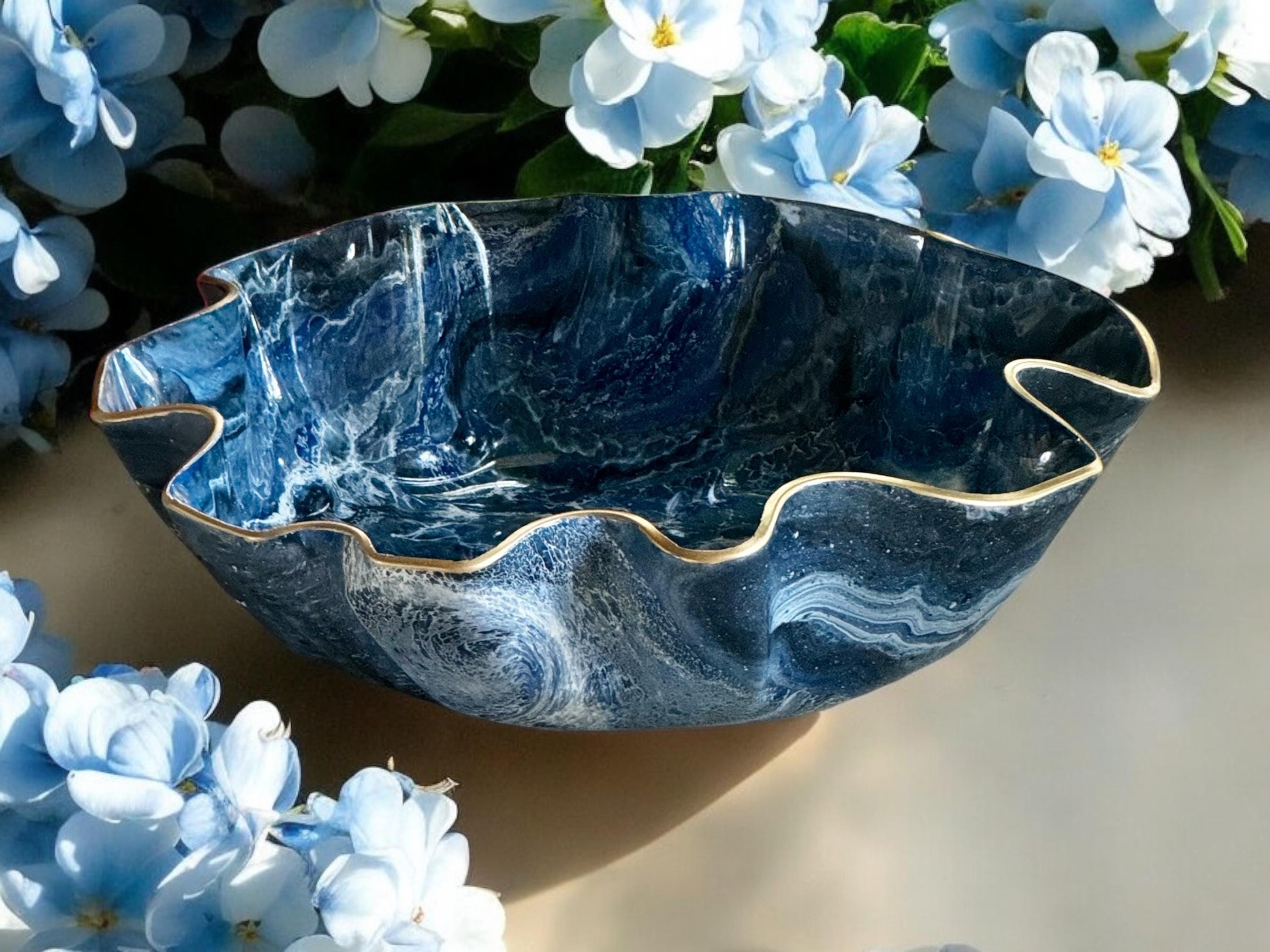 Large Bowl Blue 18x3" geode design, Decorative bowl, serving bowl, snack bowl, handmade bowl, home living,  Home decor, party gift.
