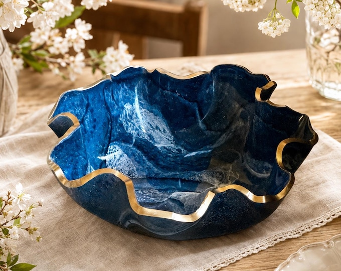 Medium Blue epoxy resin Geode design Bowl, handmade Decorative Bowl