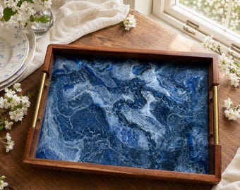 Acacia wood tray blue geode design, 17x13x2 inches, hand poured food safe epoxy resin, tv tray, home decor