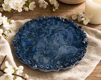 Blue epoxy resin tray, blue glass chips edge, handmade geode design, decorative tray, vanity tray, housewarming gift, geode functional art