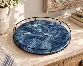 Blue Lazy Susan with black metal edge, Hand poured geode design Epoxy Resin, 5 sizes, housewarming gift, functional art, dinner and hosting