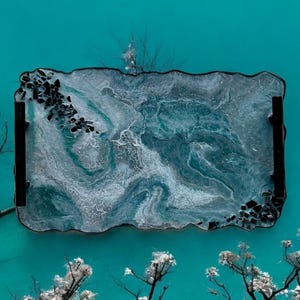 Teal and Silver epoxy resin Tray, decorative tray, epoxy serving tray, epoxy art, wedding gift, housewarming gift, geode art, vanity tray.