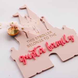 Our Original Modern Castle Acrylic Stroller Tags Are Perfect For Amusement Parks In A Sea of Strollers.