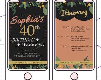 40th Birthday Weekend Digital Invitation, Editable Template, Digital Itinerary, 40, SMS Invite, Digital, 40 for her, iPhone text, Templett