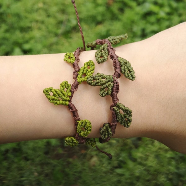 Bracelet macramé feuillu, macramé féerique magique de la forêt