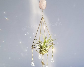 Rainbow Aura Rose Quartz Brass Himmeli Air Plant Holder, Celestial Crystal Suncatcher Mobile, Geometric Plant Hanger, Gold Hanging Planter