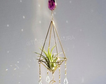 Rainbow Aura Amethyst Brass Himmeli Air Plant Holder, Celestial Moon Crystal Suncatcher Mobile, Geometric Plant Hanger, Gold Hanging Planter