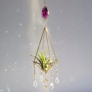 Rainbow Aura Amethyst Brass Himmeli Air Plant Holder, Celestial Moon Crystal Suncatcher Mobile, Geometric Plant Hanger, Gold Hanging Planter