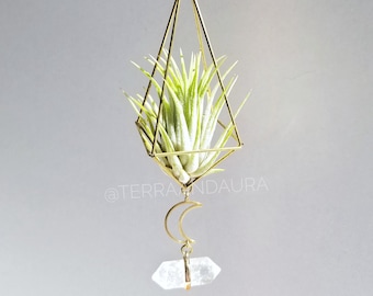 Lunar Clear Quartz Point Brass Himmeli Small Air Plant Holder, Moon Crystal Suncatcher Mobile, Geometric Plant Hanger, Gold Hanging Planter