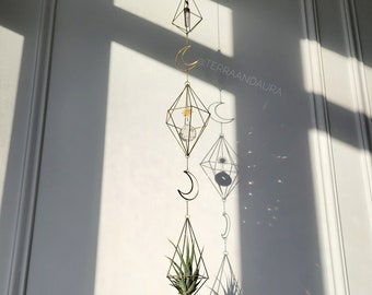 Triple Himmeli Crystal Suncatcher Mobile, Sun + Moon Clear Quartz Air Plant Holder, Gold Geometric Brass Plant Hanger, Metal Art Sculpture