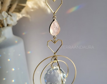 Heart to Heart Rose Quartz Crystal Prism Suncatcher + Car Charm Set, Geometric Heart Rainbow Maker, Kinetic Orbital Brass Hoop Light Catcher