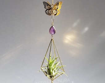 May include: Gold geometric planter with a hanging air plant, a purple amethyst crystal, and a gold butterfly charm. The planter is suspended from a gold chain with a clear crystal at the bottom. The text '@terraandaura' is visible below the planter.