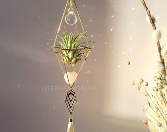 Attrape-soleil Boho Tassel Prism en quartz rose, porte-plante aérienne en cristal Himmeli en laiton à deux niveaux, cintre géométrique doré, cadeau d'amour